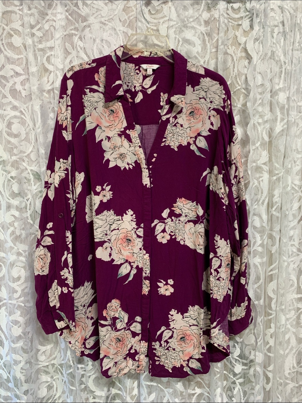 Candie's Plum Floral Button-Down Shirt